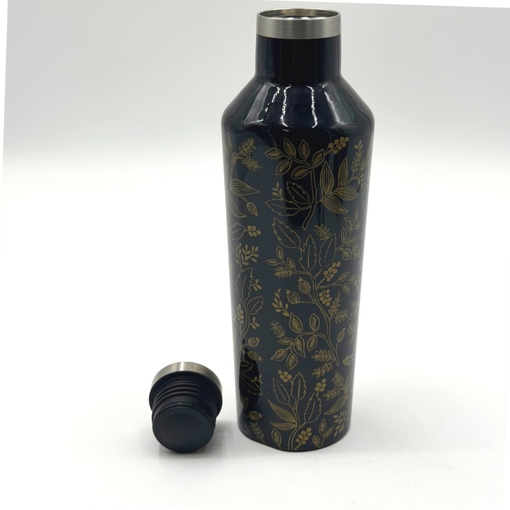 Corkcicle‎ Canteen 16oz Water Bottle Black Gold Botanical Floral Stainless Steel